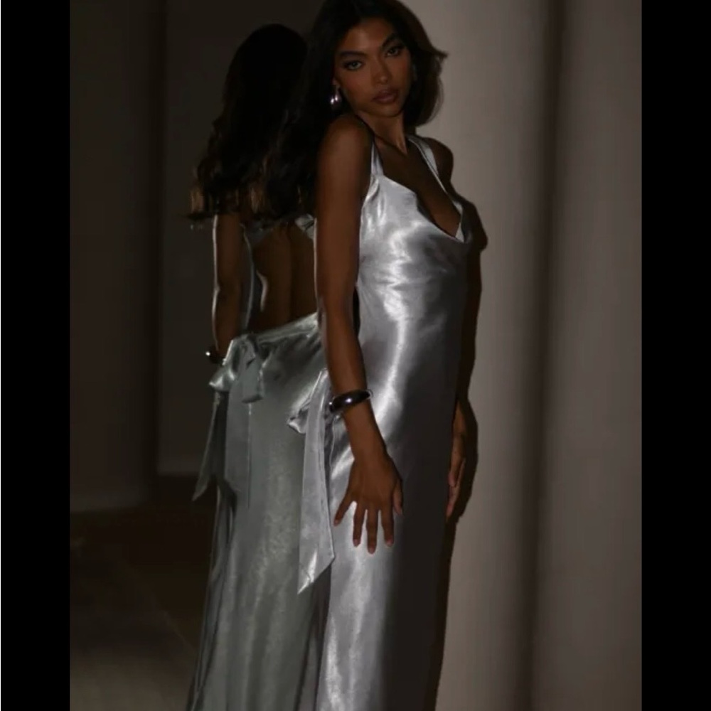 Meshki Silver Satin Backless Dress - Picture 2 of 7